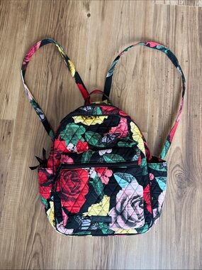 Vera Bradley Black Quilted Floral Mini Backpack with Red, Pink, Yellow & Green